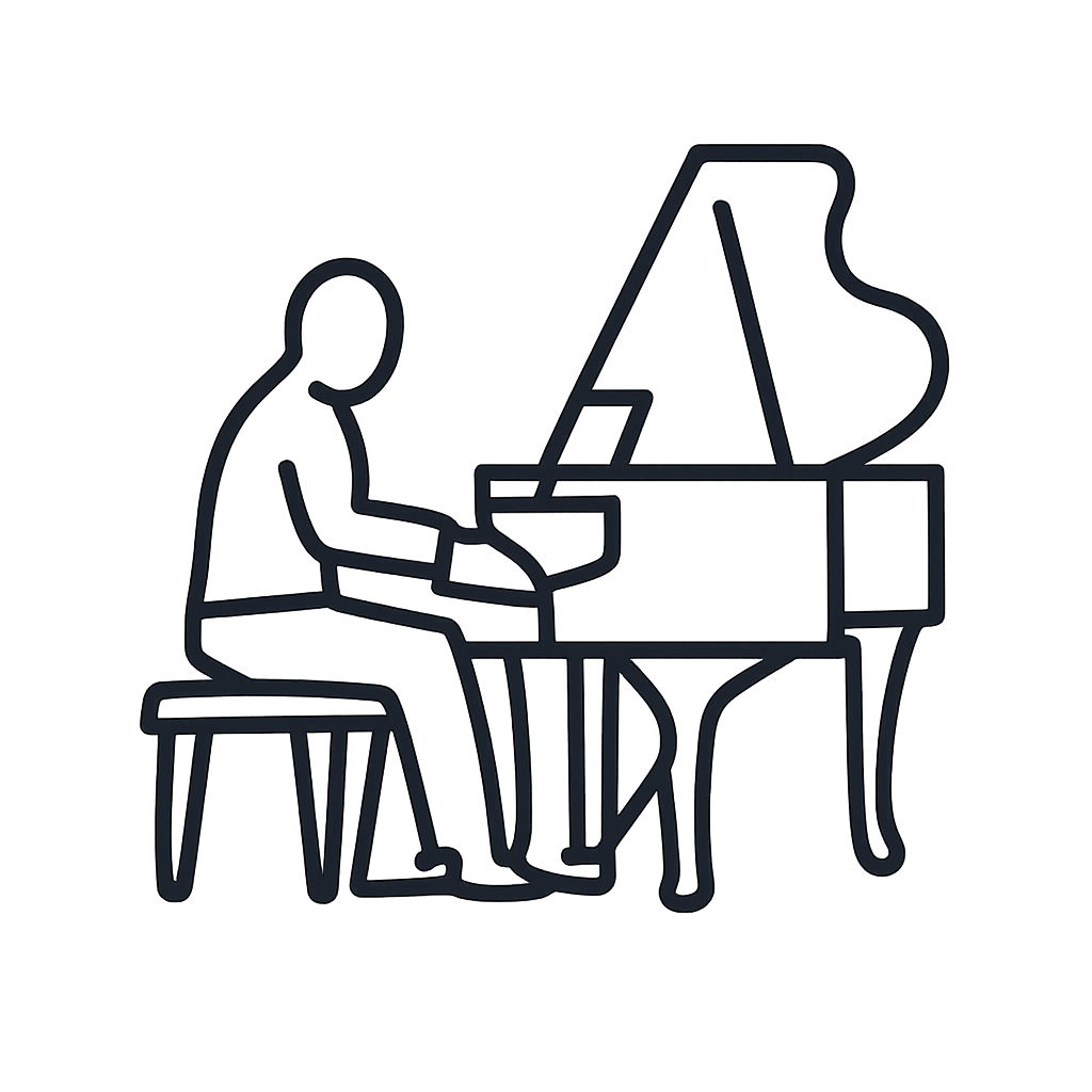 A darkened outline of a person seated at a piano.